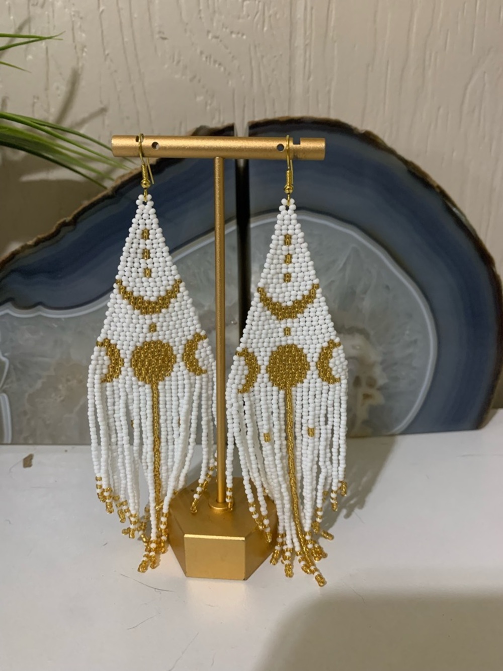 White and Gold Beaded Fringe Earrings – Boho Statement
